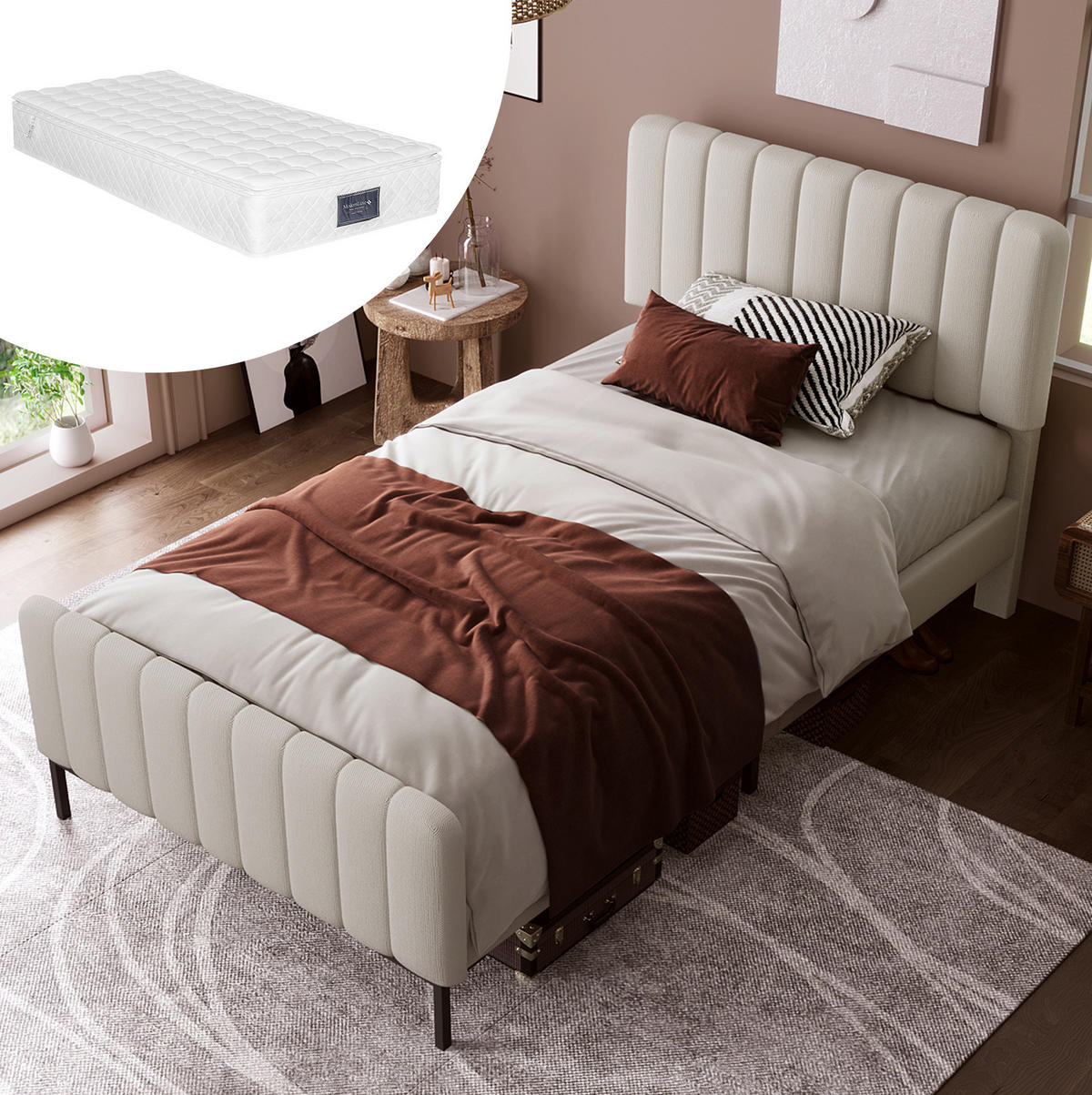 POLSTERBETT aus Leinen 90x200 cm in Beige mit Lattenrost & Matratze - Beige, Textil (90/200cm) - Modfu
