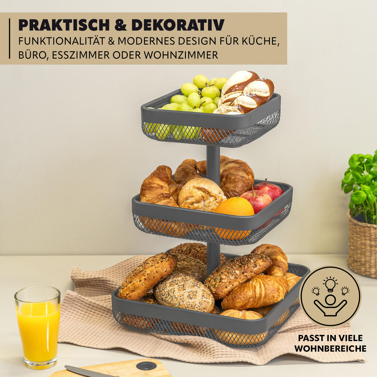 OBSTETAGERE 3-STÖCKIG eckig Metall grau - Grau, Metall (42cm) - eluno