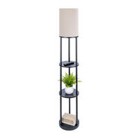 STEHLAMPE Schwarz Weiß 3 Ablagen Leinenschirm E27 180 cm - Schwarz, Holz/Textil (30/30/180cm) - Relaxdays
