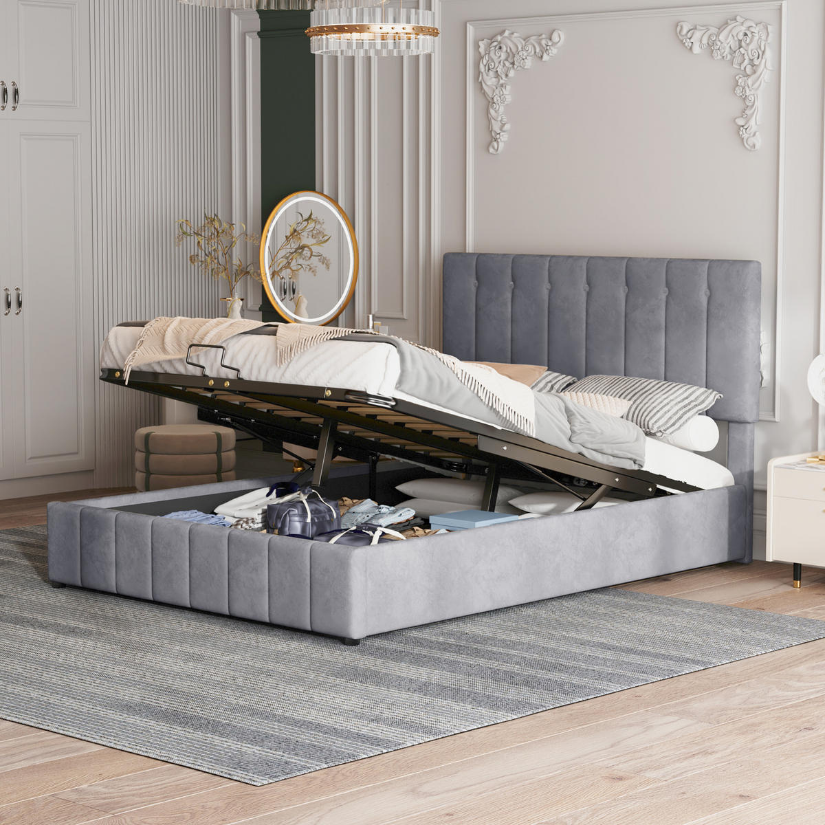 BETT mit Bettkasten 140x200 cm Samt Grau 2er-Paket - Grau, Metall (140/200cm) - Meubliv