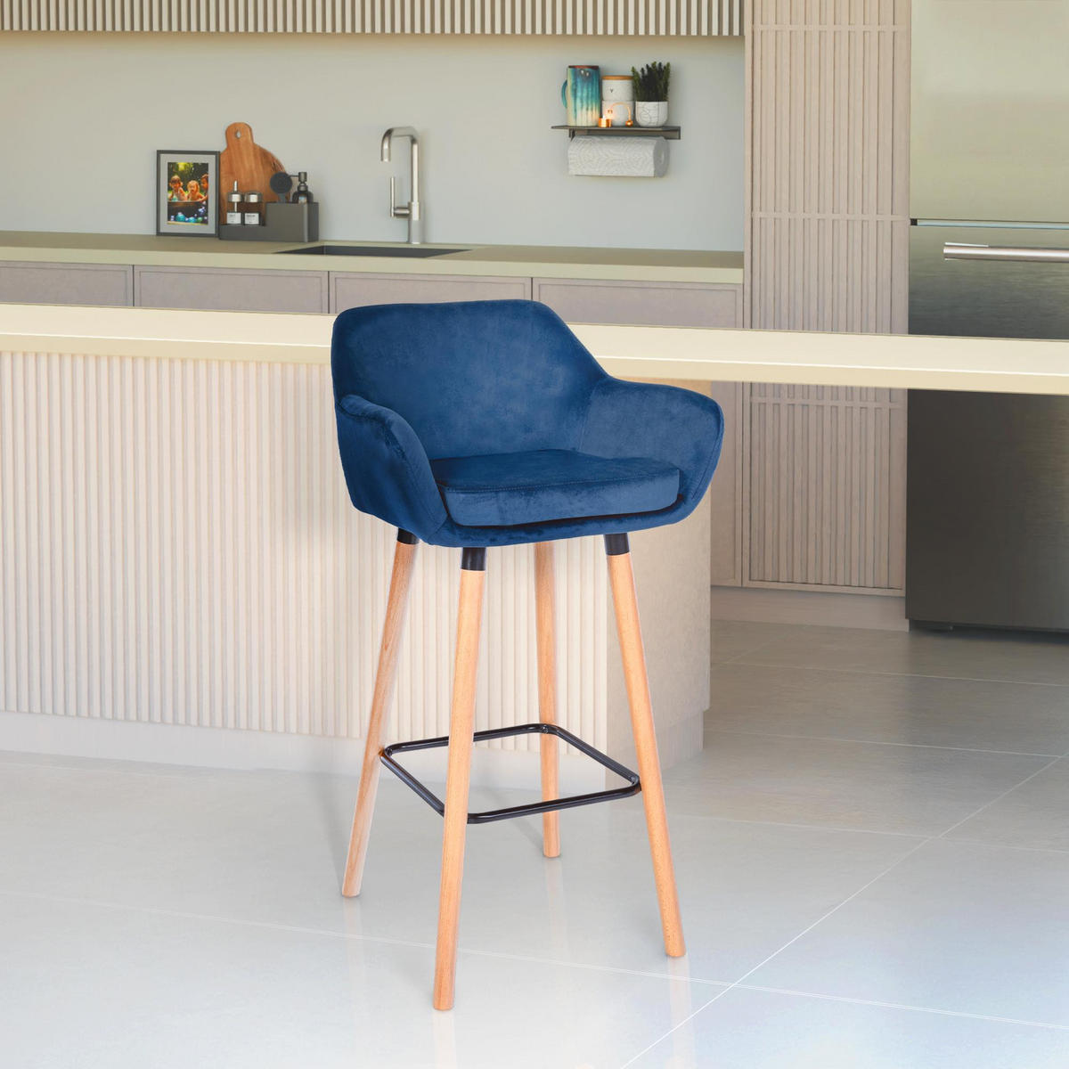 BARHOCKER 2er Set Samt Blau - Blau/Eukalyptusholzfarben, Holz/Textil (51/101/50cm) - CLP