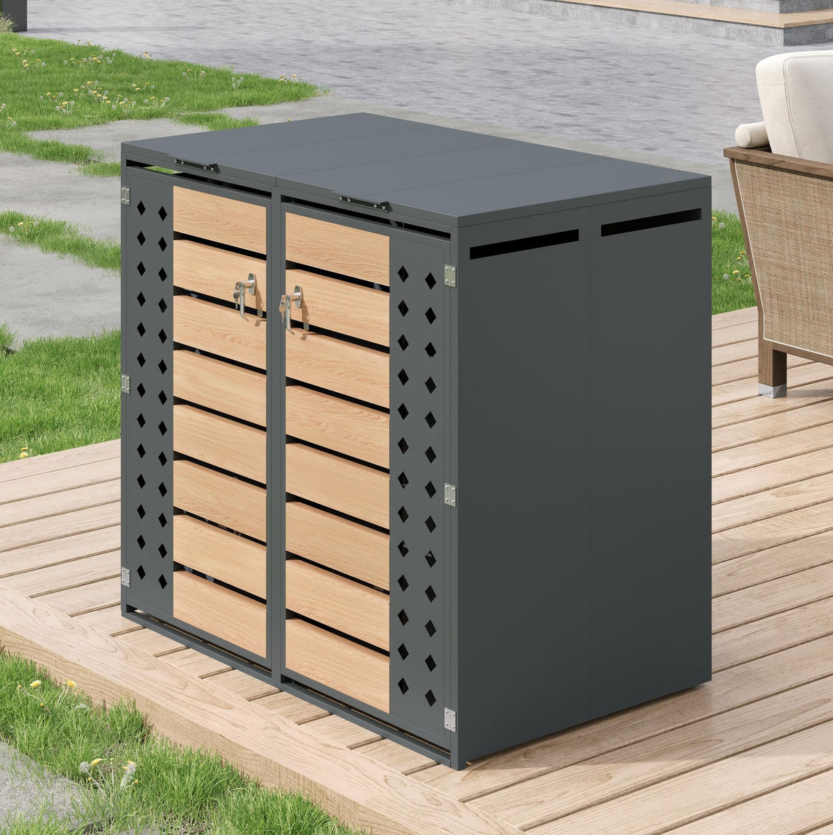 MÜLLTONNENBOX aus Stahl in Grau Holzoptik mit hydraulischem Klappdeckel - Grau, Metall (132/118.5/80cm) - Modfu