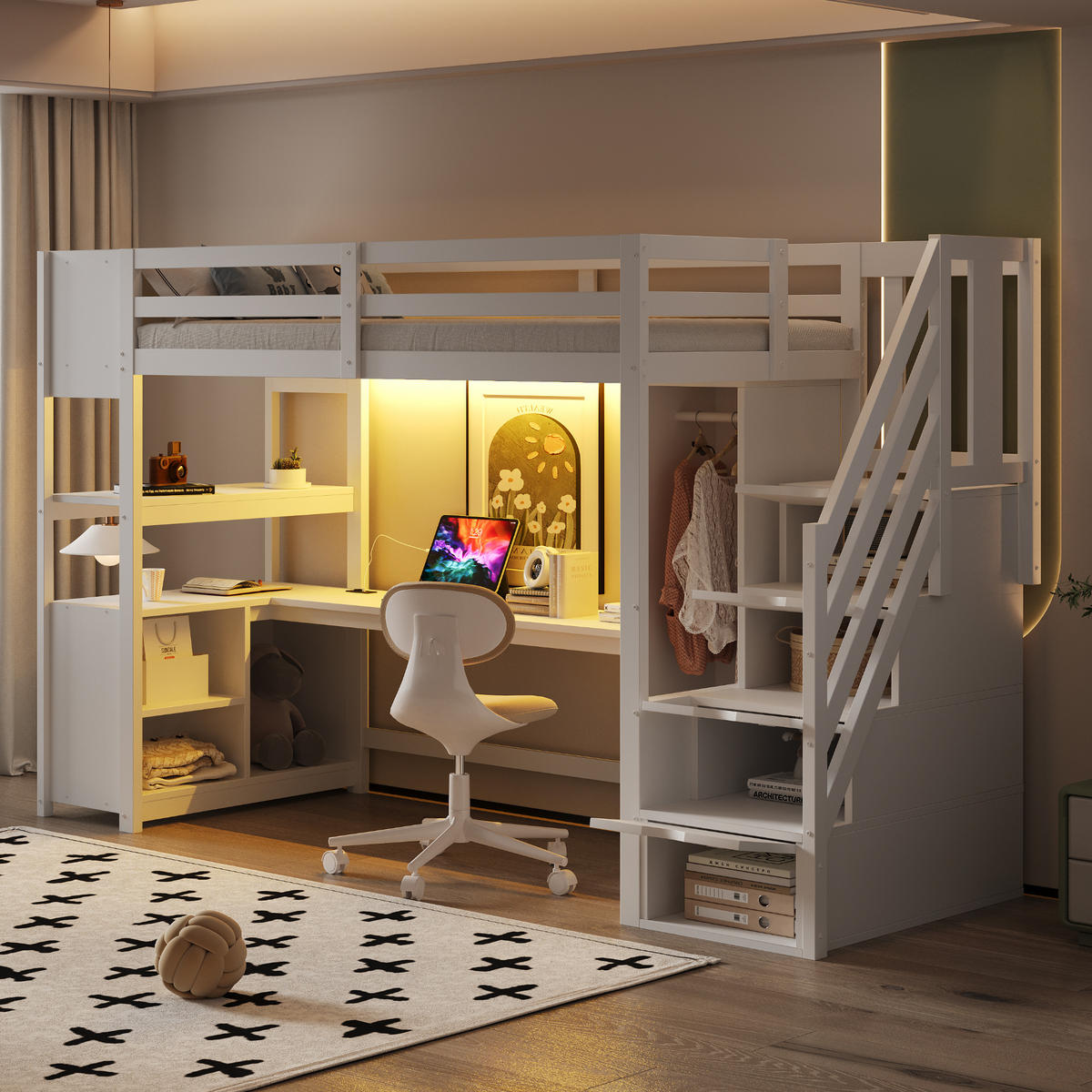 HOCHBETT 90/200 cm in Weiß mit Kleiderschrank, Schreibtisch, LED und Stauraum - Weiß, Holz/Holzwerkstoff (90/200cm) - STILVORA