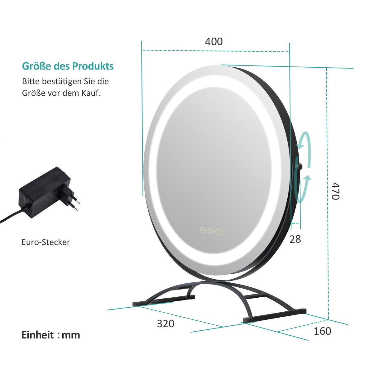 EMKE KOSMETIKSPIEGEL mit Beleuchtung, Schwarz, Ø40 cm jetzt nur online ➤
