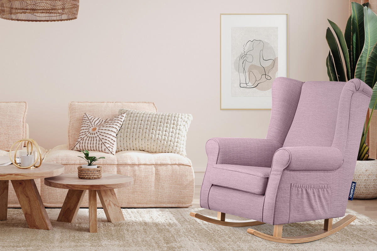 SCHAUKELSESSEL TULES mit Tasche für kleine Gegenstände, Rosé - Pink/Eichefarben, Eichenholz/Holzwerkstoff (80/105/105cm) - KONSIMO®