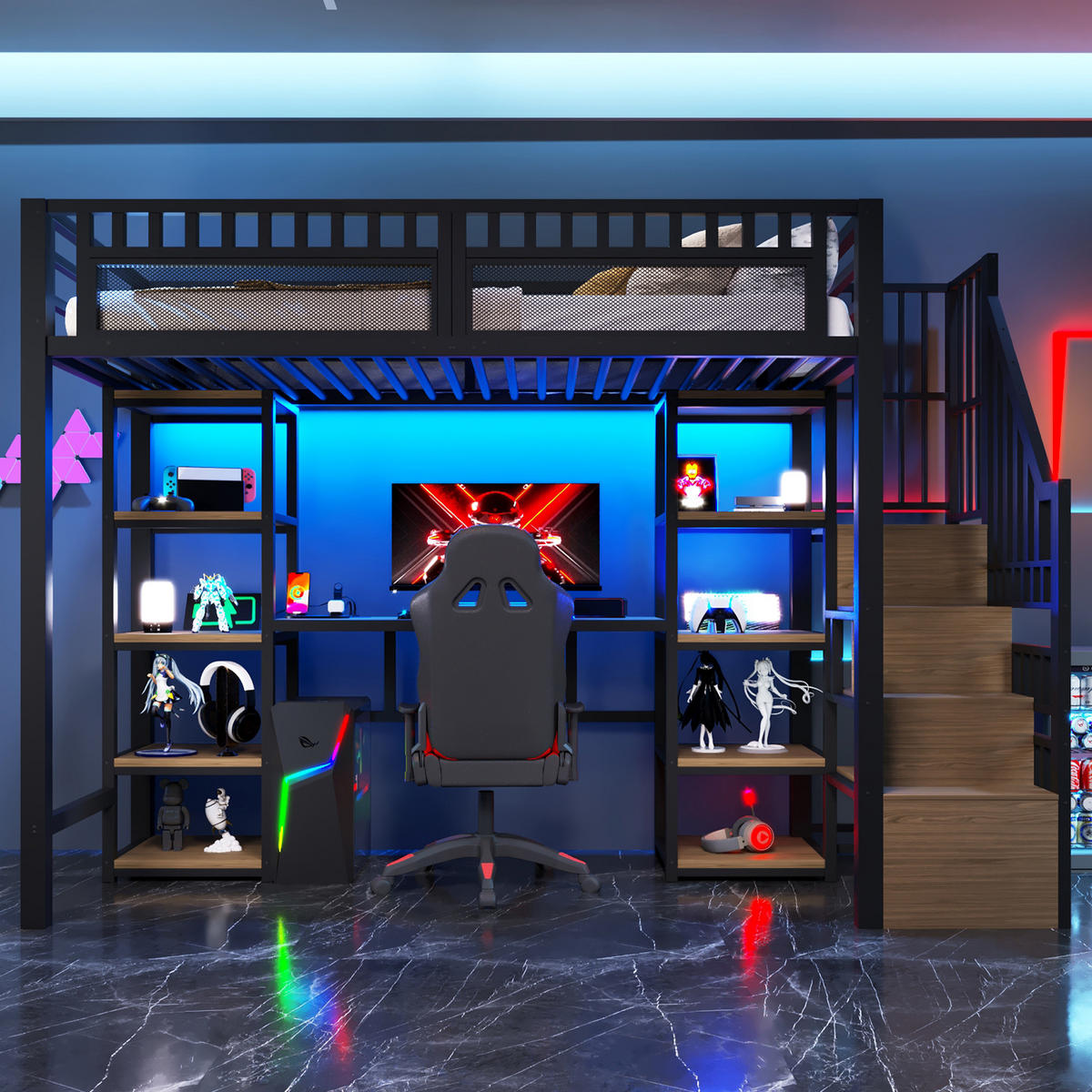 HOCHBETT 90x200cm Schwarz Metall LED-Licht Schreibtisch USB - Schwarz, Metall (90/200cm) - FLIEKS