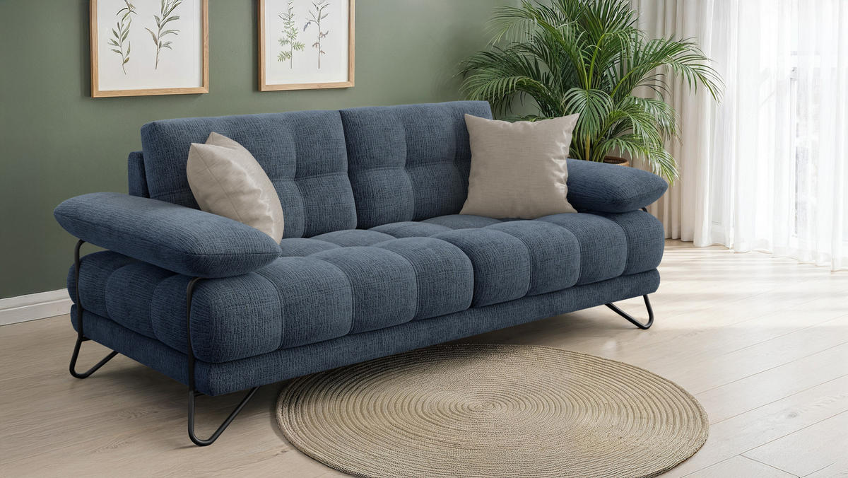 SOFA BUBBARA 2,5-Sitzer, marineblau - Blau/Schwarz, Holz/Textil (215/87/96cm) - Courtois Laville