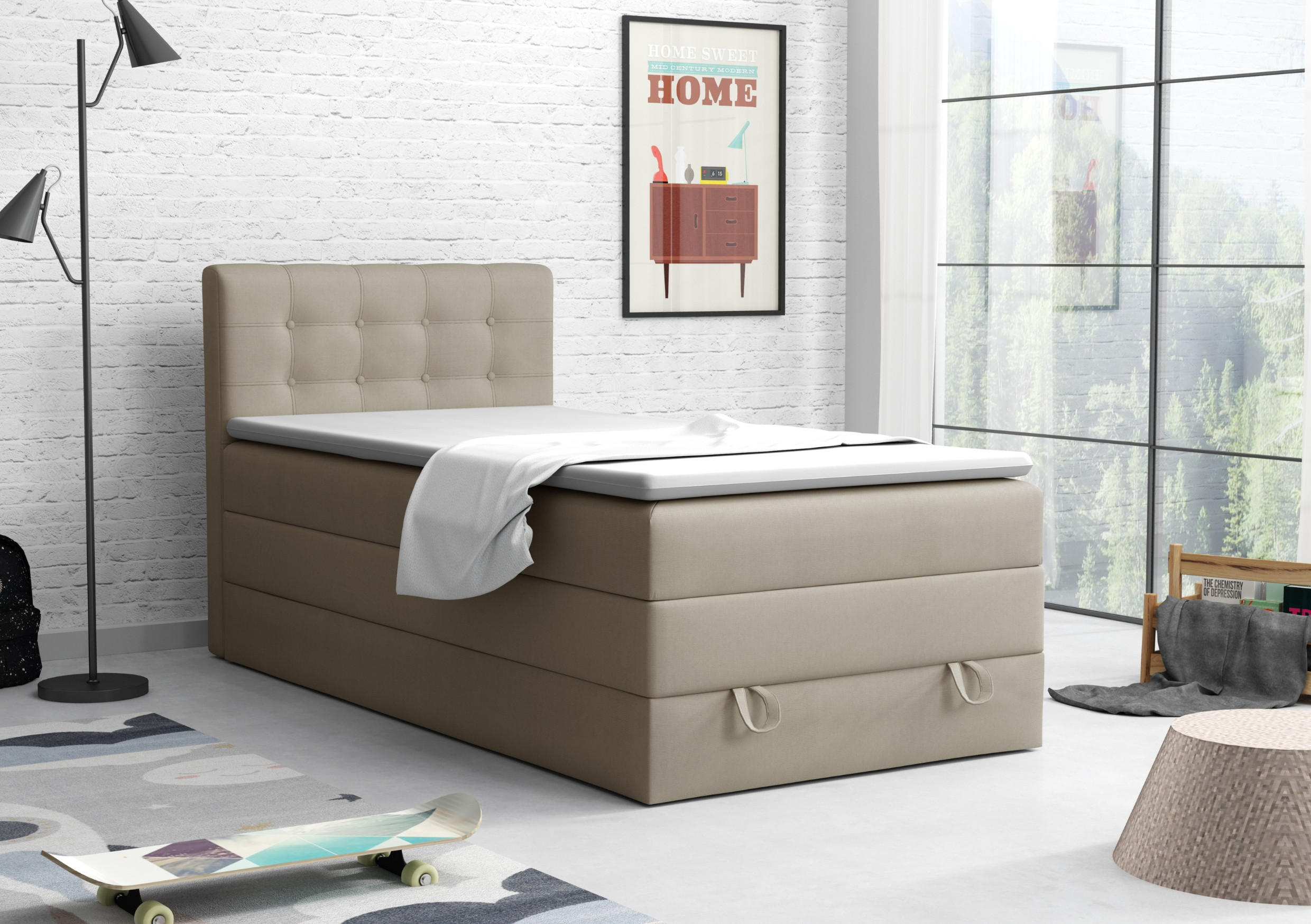 BOXSPRINGBETT JUNG 1 100/200 Velours Beige mit Matratzen H3 + H4 - Beige, Holz/Holzwerkstoff (100/200cm) - Deine Möbel 24