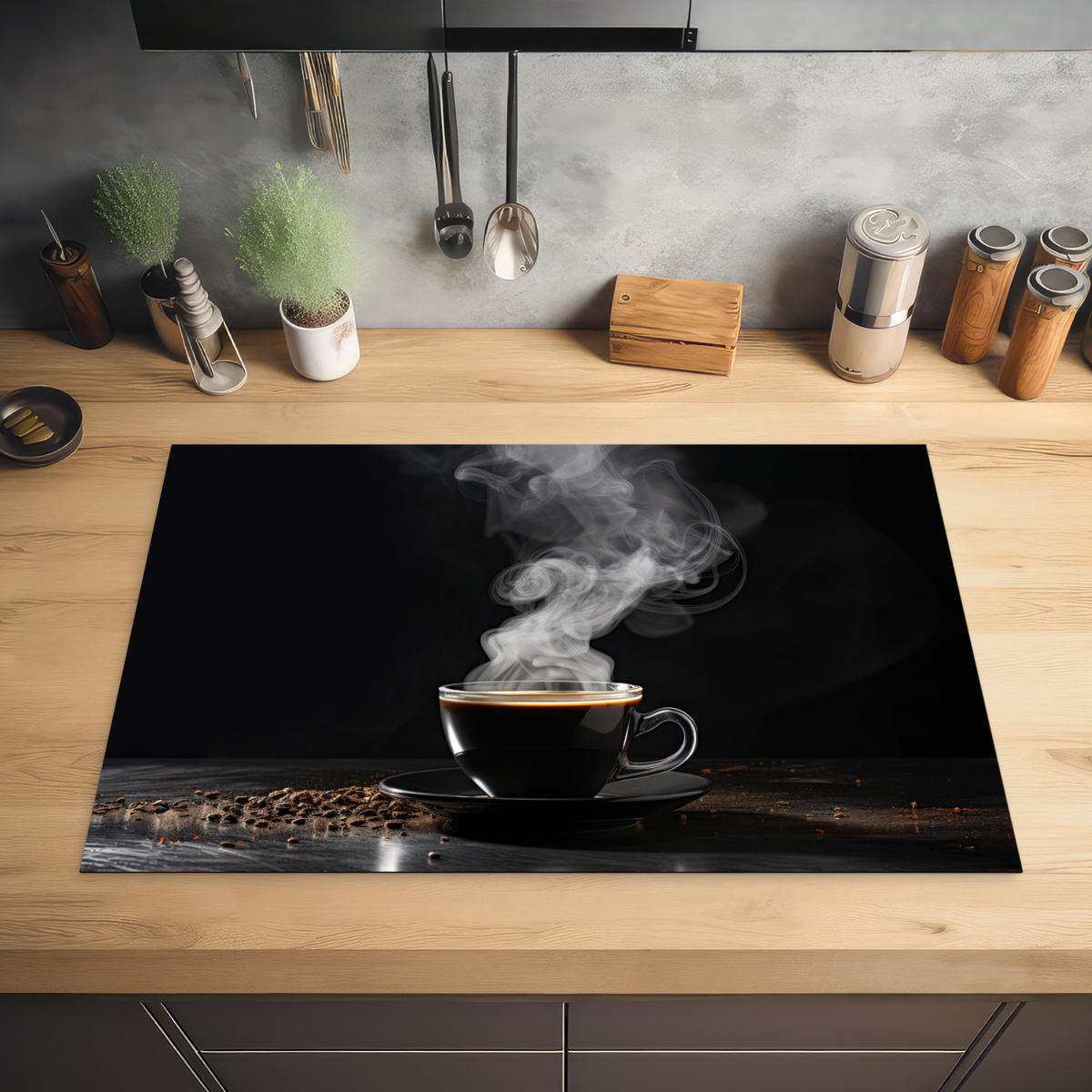 HERDABDECKPLATTE Kaffee - Schwarz - Bohnen - Heiß - Tasse Induktionsmatte 81x52 cm - Schwarz, Kunststoff (81/52/0.2cm) - MuchoWow