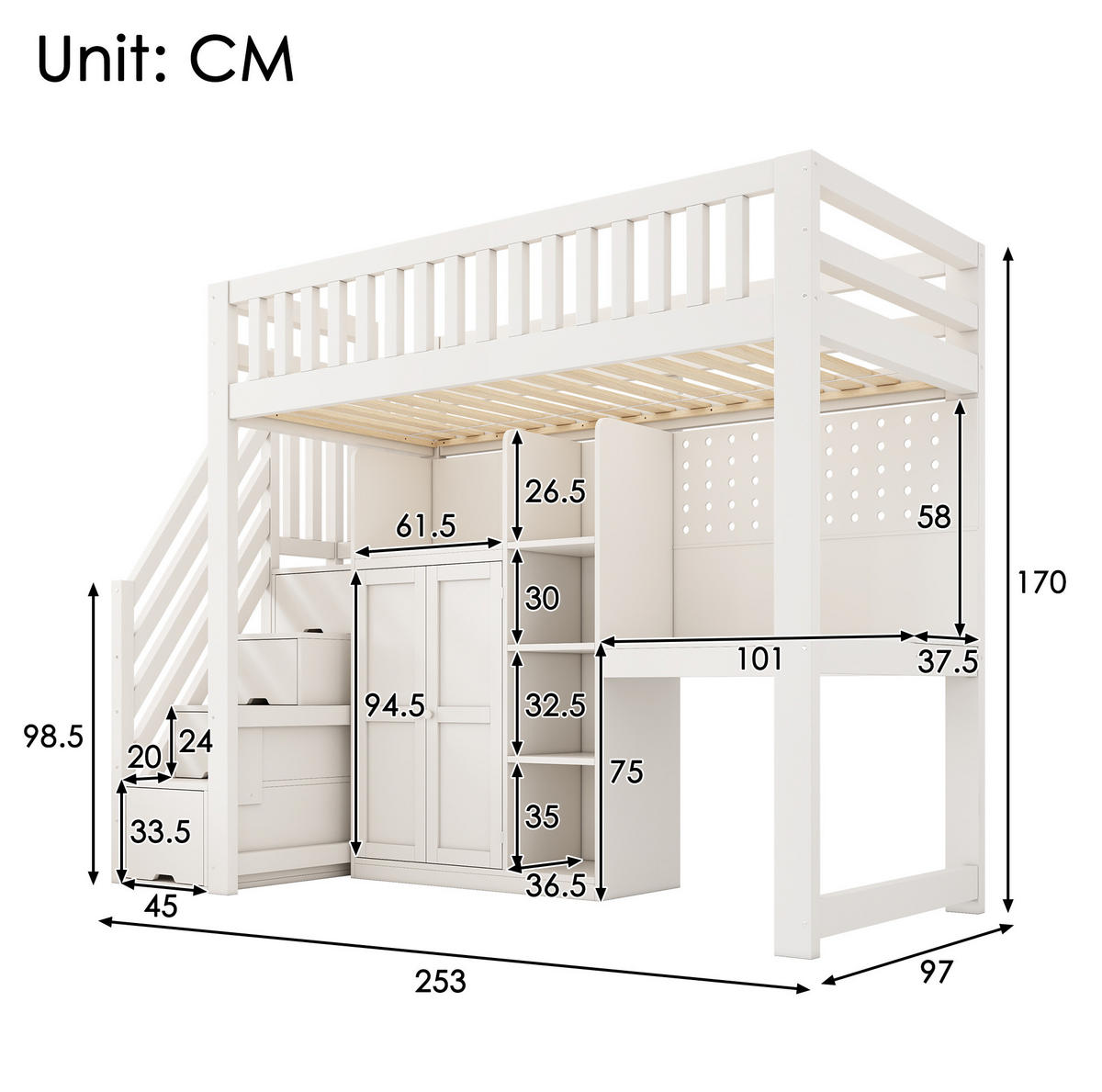 HOCHBETT 90/200 cm Weiß aus Holz mit Schreibtisch und Stauraum - Weiß, Holzwerkstoff (90/200cm) - OKMYHOME