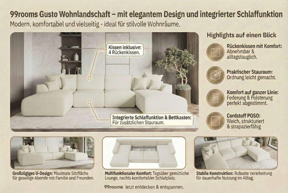 WOHNLANDSCHAFT Gusto Cordstoff Olivgrün inkl. Schlaffunktion - Chromfarben/Olivgrün, Kunststoff/Textil (306/96/194cm) - 99rooms