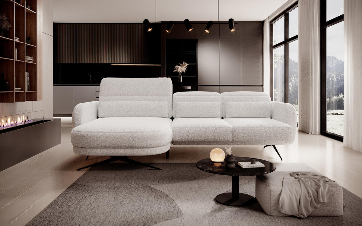 ECKSOFA BARILLO - Verstellbarer Rückenlehne, Stahlfüße, Elegante Armlehnen, Drei Rückenkissen, Freistehend, 261x170x97 cm Linke, Esche - Silberfarben, Holz/Textil (170/261cm) - DomoHome