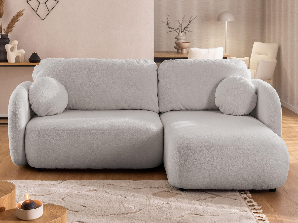ECKSOFA Candy mit Schlaffunktion Hellgrau Bouclé-Stoff - Ottomane rechts - Hellgrau/Schwarz, Holz/Kunststoff (146/230cm) - S-Style Möbel