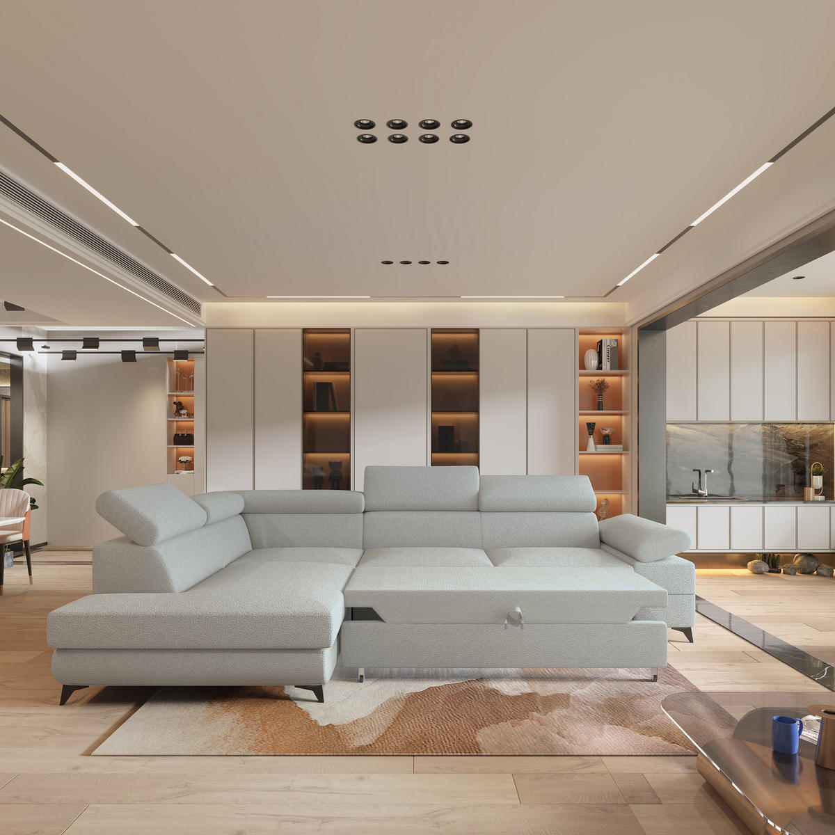 ECKSOFA FAVIEN L-S Hellgrau Boucle-Stoff mit Schlaffunktion - Hellgrau, Holz (257/190cm) - MASSENO