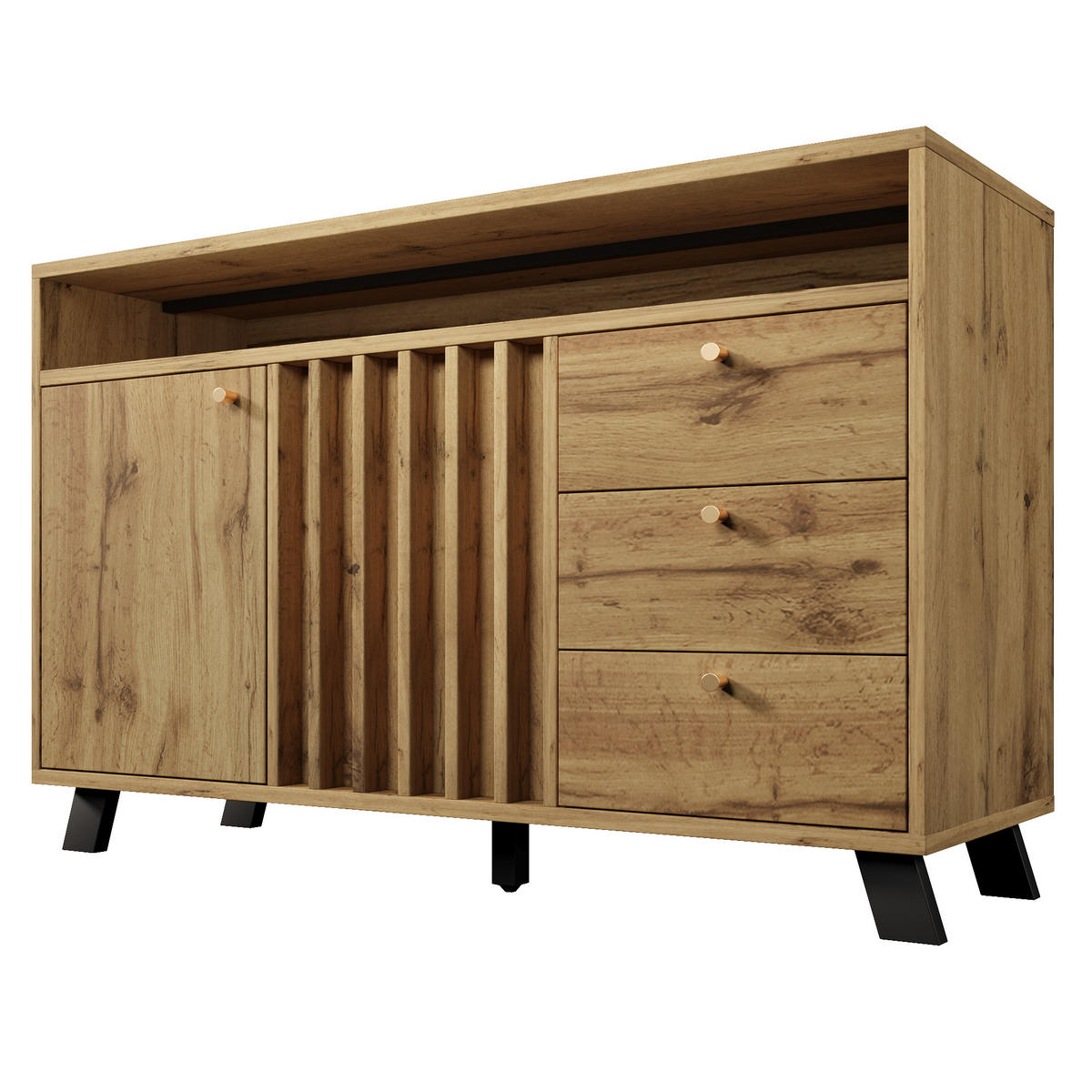 SIDEBOARD aus Holz 120x40x85 cm Dunkle Eiche mit 3 Schubladen, 2 Türen, offenem Fach und Lamellenfront - Braun, Holzwerkstoff (120/85/40cm) - Modfu