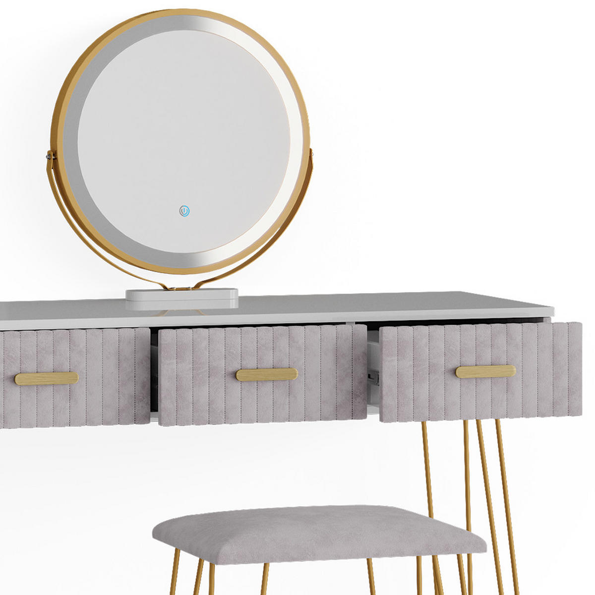 SCHMINKTISCH Layla Grau 100 cm mit LED Beleuchtung und Hocker - Grau, Holzwerkstoff (100/79/40cm) - Vicco