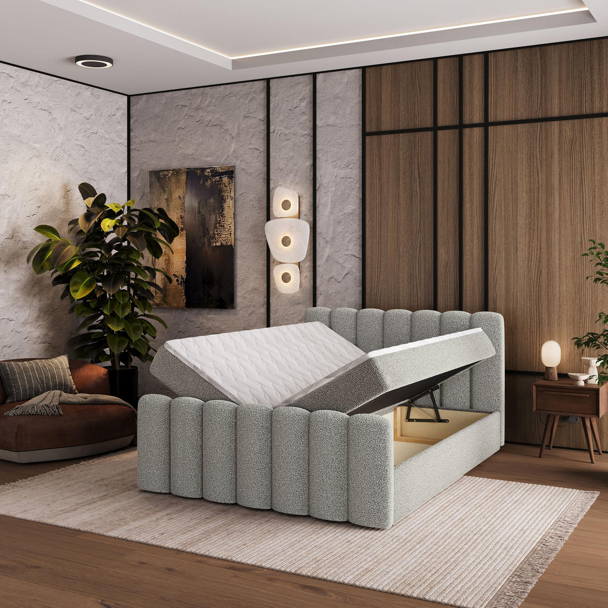 BOXBETT CELLA 180x200 cm mit Matratze und Topper - Hellgrau - Hellgrau, Holz (180/200cm) - MASSENO