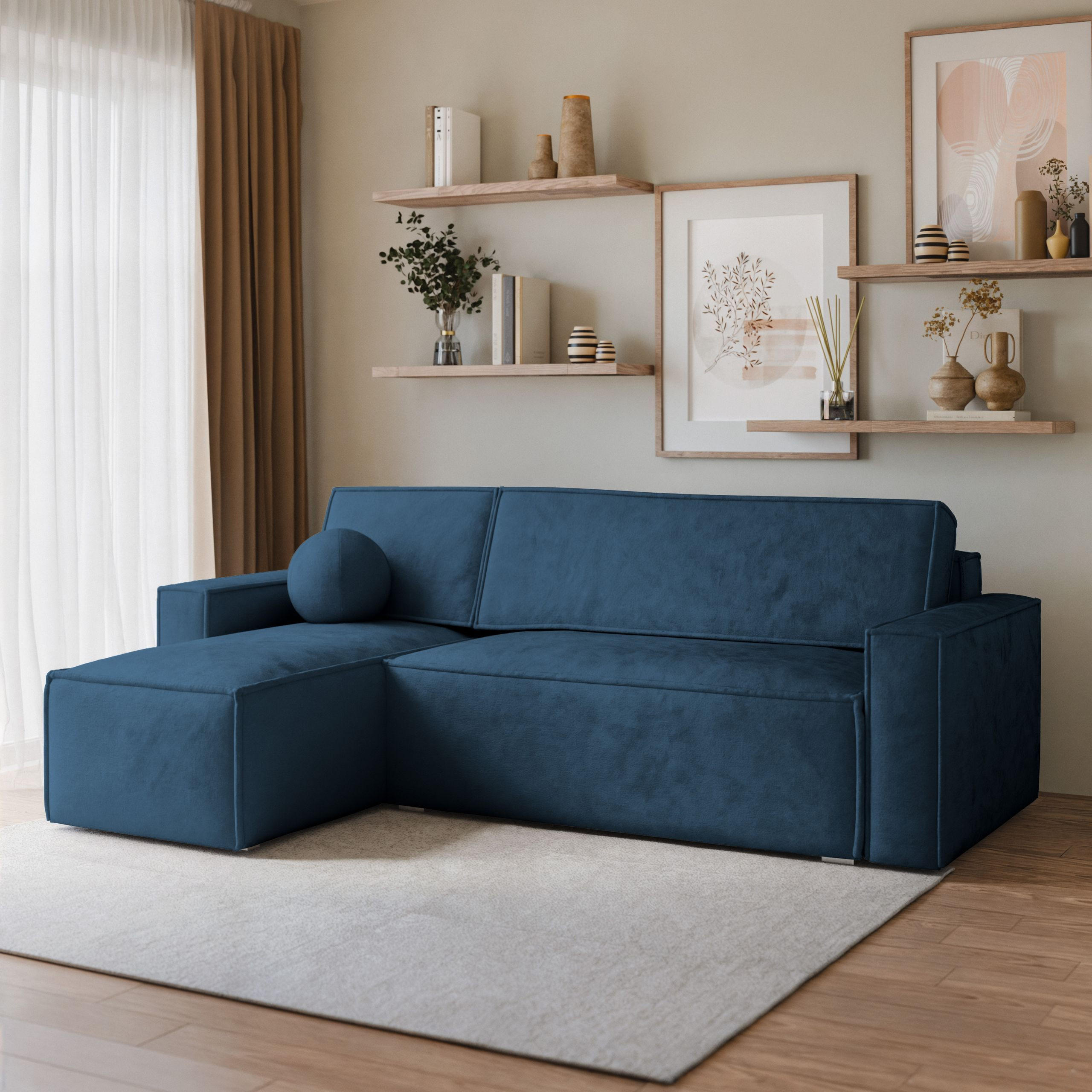 ECKSOFA RAVELO M Blau Velours-Stoff mit Schlaffunktion - Blau, Holz (240/140cm) - MASSENO