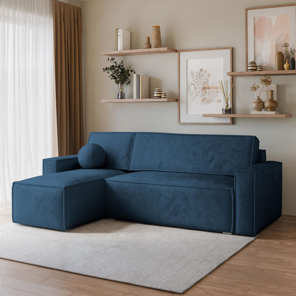 ECKSOFA RAVELO M Blau Velours-Stoff mit Schlaffunktion - Blau, Holz (240/140cm) - MASSENO