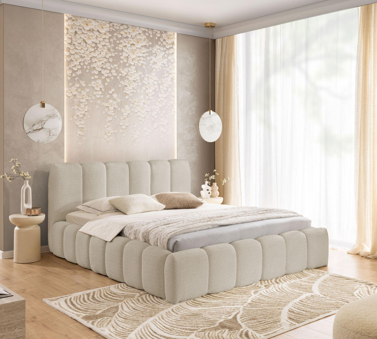 POLSTERBETT MIA mit Bettkasten 180x200,Bubble Bett,Doppelbett mit Stauraum,Lattenrost,Boxspringbett-Optik,ohne Matratze-Beige - Beige, Holz (180/200cm) - Furnistar
