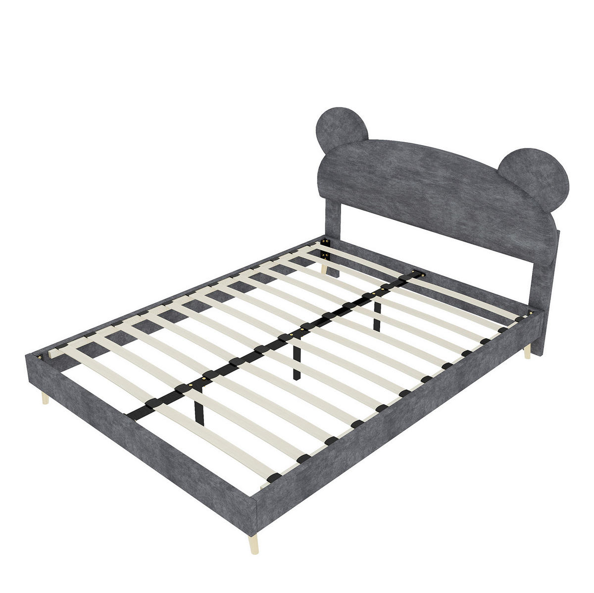 KINDER-POLSTERBETT 140x200 cm in Grau mit Bärenohren-Kopfteil und Taschenfederkernmatratze - Grau, Textil (140/200cm) - IVMEU