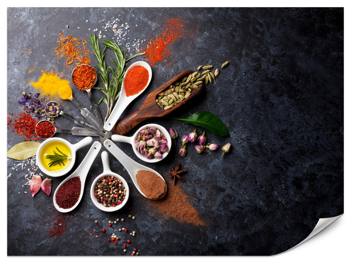 FOTOTAPETA Pre Kuchyňu Orientálne Bylinky Korenie Lyžice 150 x 105 cm - oranžová/hnedá, papier (150/105cm) - Muralo