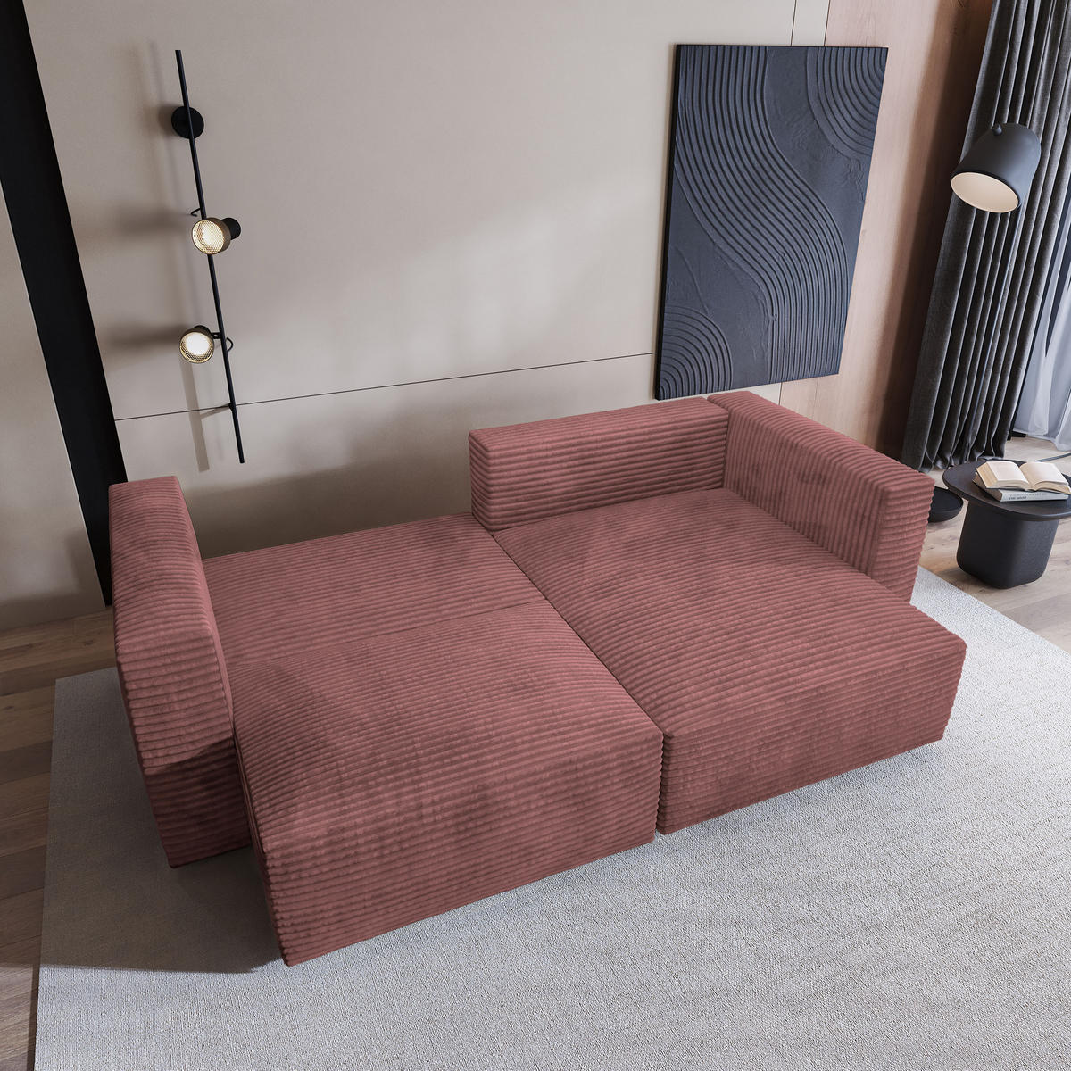 ECKSOFA NERIO Rosa Kordstoff mit Schlaffunktion - Rosa, Holz (245/148cm) - MASSENO