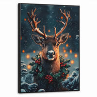 LEINWAND Bilder mit Rahmen - Hirsch - Weihnachten - Winter - Schnee - Weihnachtskranz - 70x100 - Dunkelbraun, Textil (70/100cm) - MuchoWow