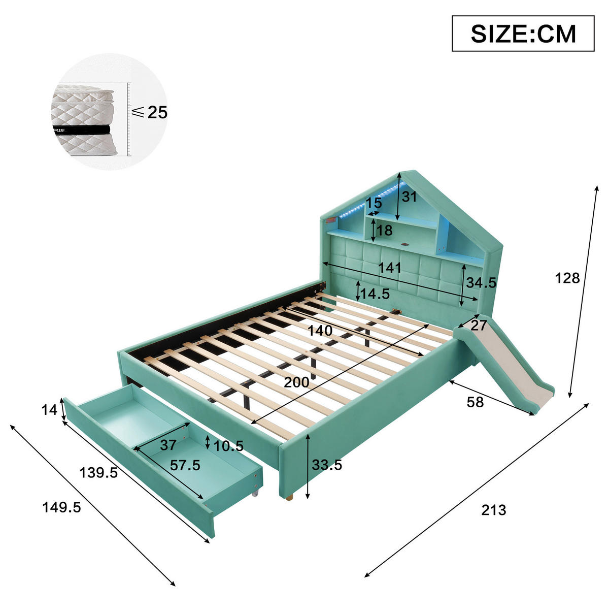 DĚTSKÁ sametová postel 140/200 cm s LED osvětlením, nabíjením, skluzavkou a úložným prostorem, Modrozelená - modrá, textil (140/200cm) - Redom