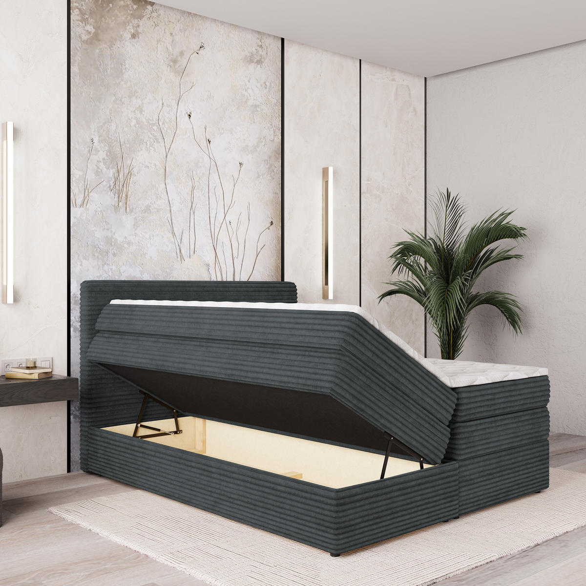 BOXSPRINGBETT LUNERA 140x200 cm mit Matratze und Topper - Grau - Grau, Holz (140/200cm) - MASSENO