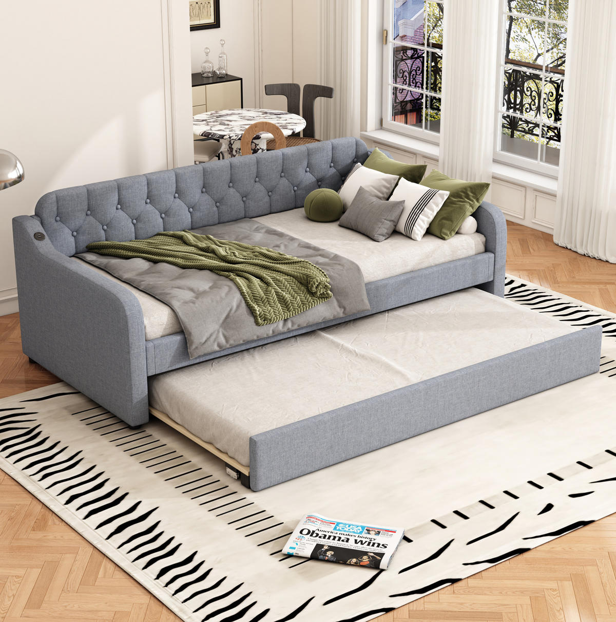 POLSTERBETT 90/200 cm mit Polsterbett und USB-Anschluss, Grau - Grau, Textil (90/200cm) - Flora Grace