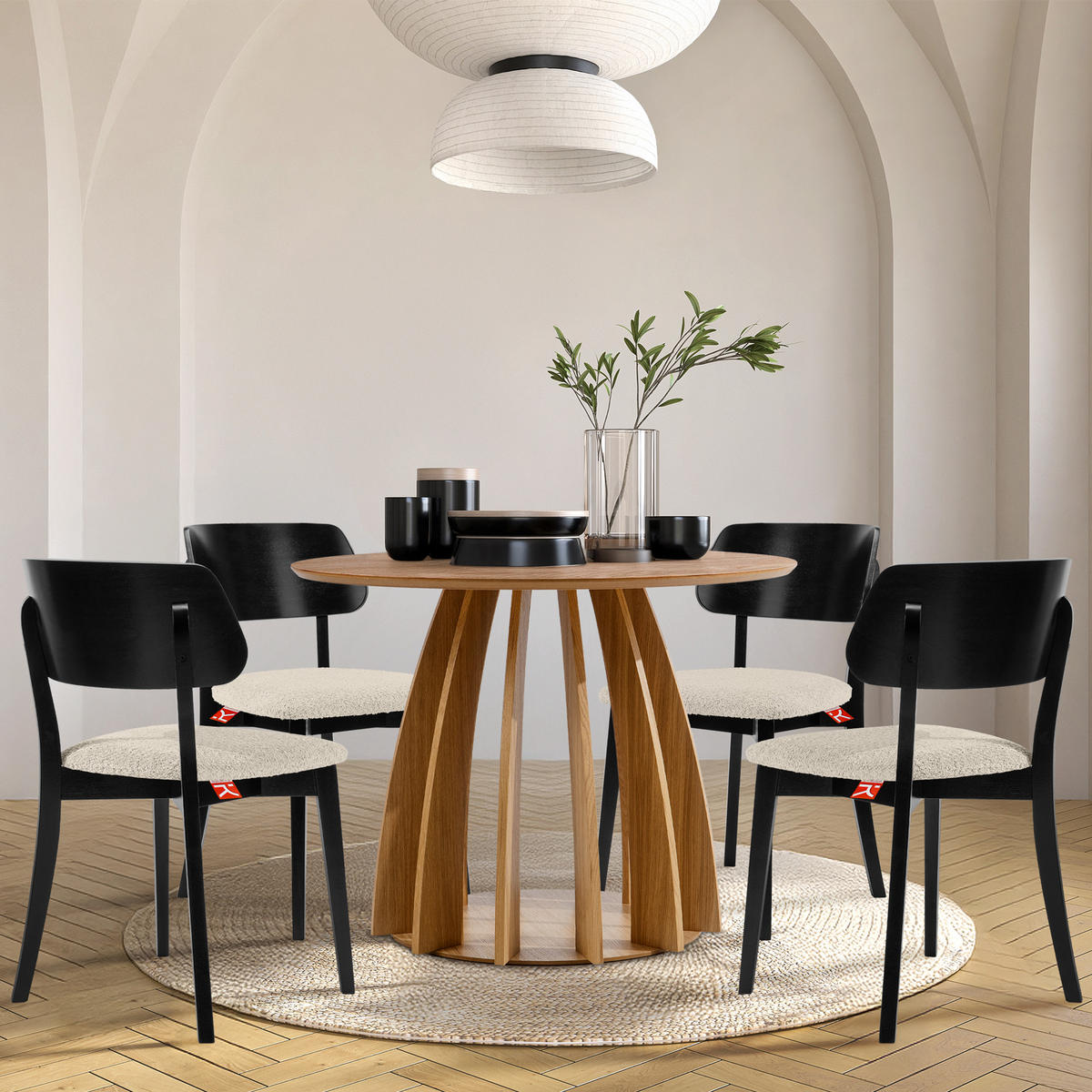 HOLZSTUHL VINIS Esszimmerstuhl, 2-er Set, Bouclé - Creme/Schwarz, Holz/Textil (47/80.5/45cm) - KONSIMO®