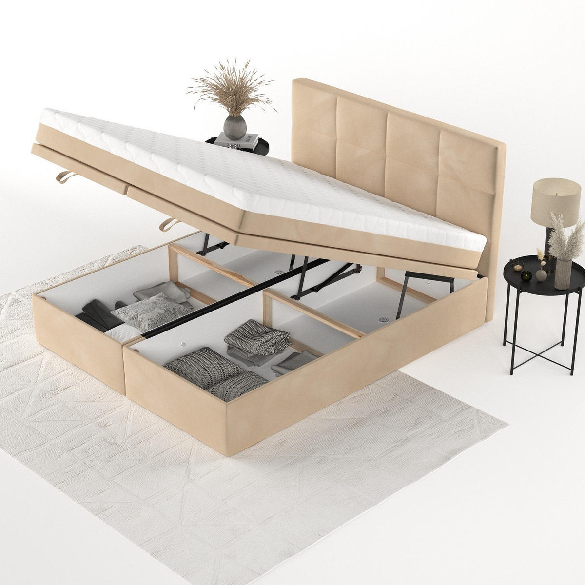 BOXBETT Tessa 200/200 cm Beige im Kronos Stoff - Beige/Schwarz, Holz/Holzwerkstoff (200/200cm) - AltaBeds