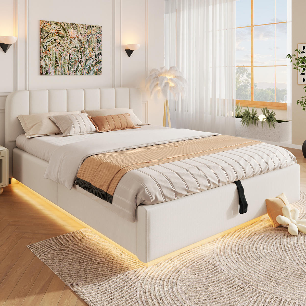 POLSTERBETT 140x200cm Lattenrost Hydraulik LED Chenille Beige - Beige, Holzwerkstoff (140/200cm) - FLIEKS