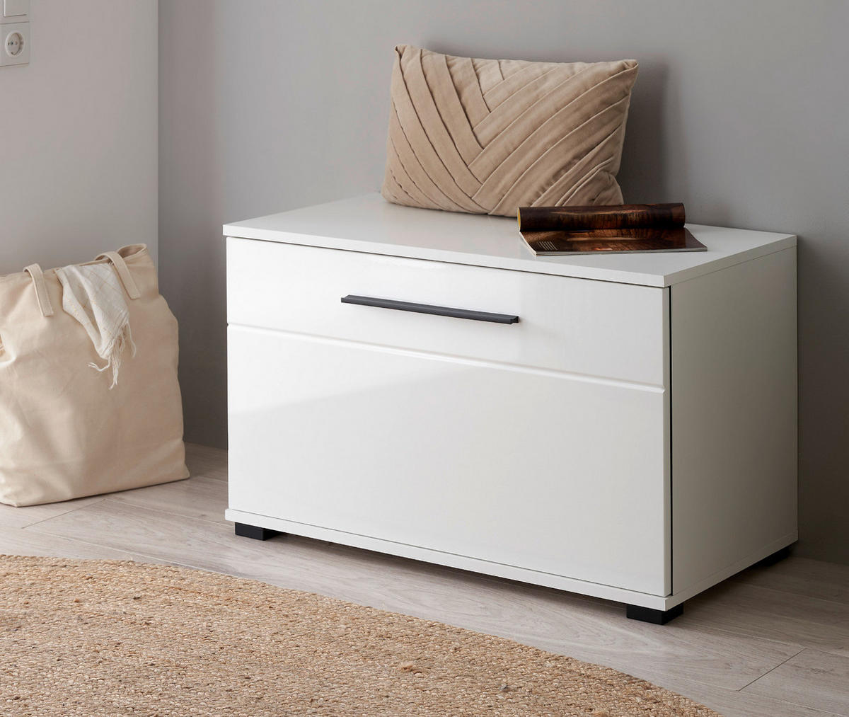 GARDEROBENBANK weiß Hochglanz 80 cm, Sitzbank mit Stauraum - Weiß Hochglanz/Schwarz, Holzwerkstoff/Kunststoff (80/50/40cm) - Furn.Design