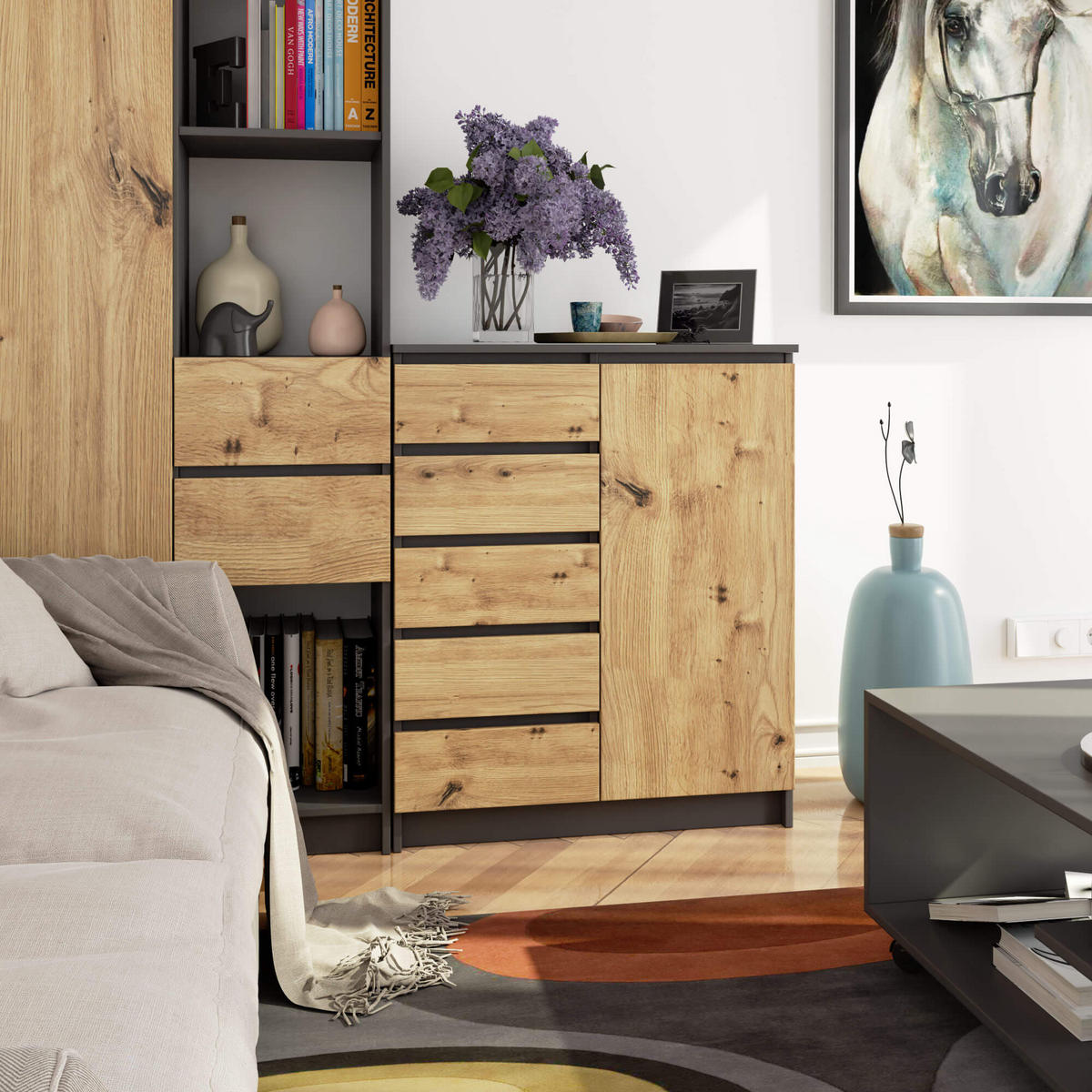 KOMMODE Grau, Eiche Artisan 80x35x97 cm - Eiche Artisan/Grau, Holzwerkstoff (80/97/35cm) - Akord