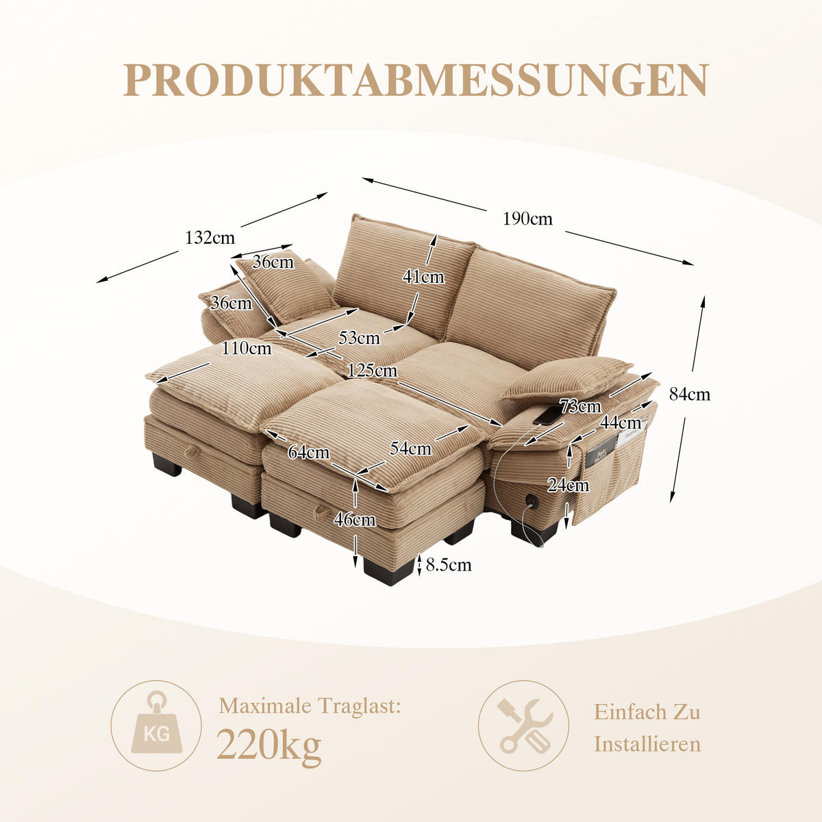 2-SITZER SOFA Cord Khaki mit Hocker, USB-C und Seitentaschen - Hellbraun, Holzwerkstoff/Kunststoff (190/84/132cm) - WISHDOR