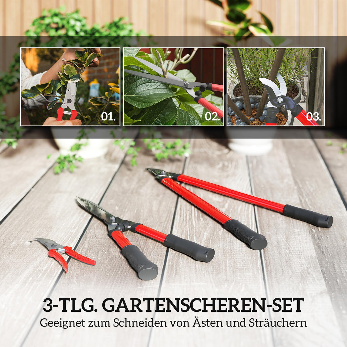 GARTENSCHERENSET 3-teilig aus Metall, Kunststoff Rot - Rot, Metall (20/2.4/65cm) - Outsunny