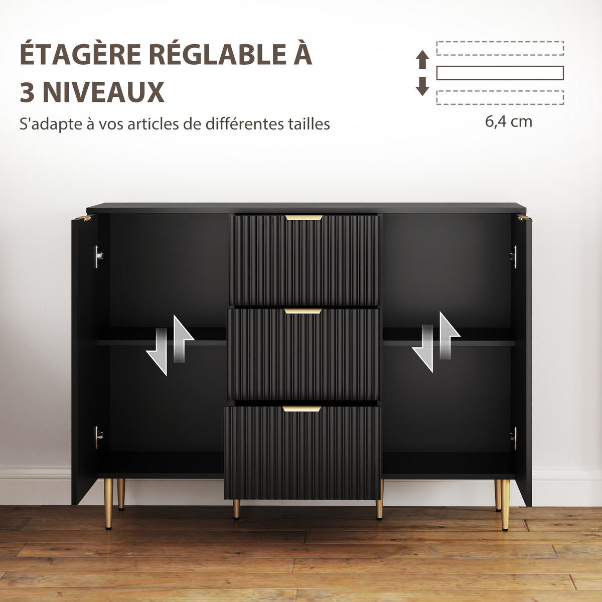 SIDEBOARD DE-11216 3 Schubladen Schwarz - Schwarz, Holzwerkstoff (120/89.5/40cm) - ComfortXL