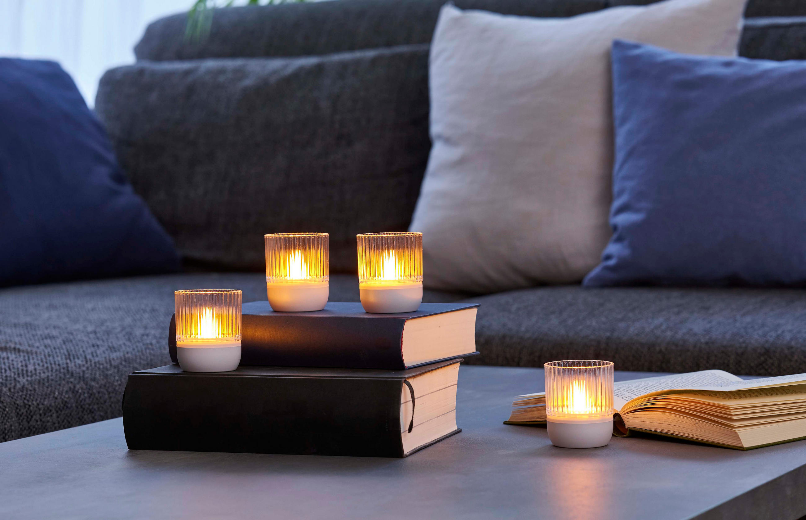 LED-AKKU-LOUNGE-LIGHTS - kabellos mit Touchsensor für Innen und Außen, RGBW Flackereffekt, 4er-Set - Weiß, Kunststoff (5/5/7cm) - Northpoint