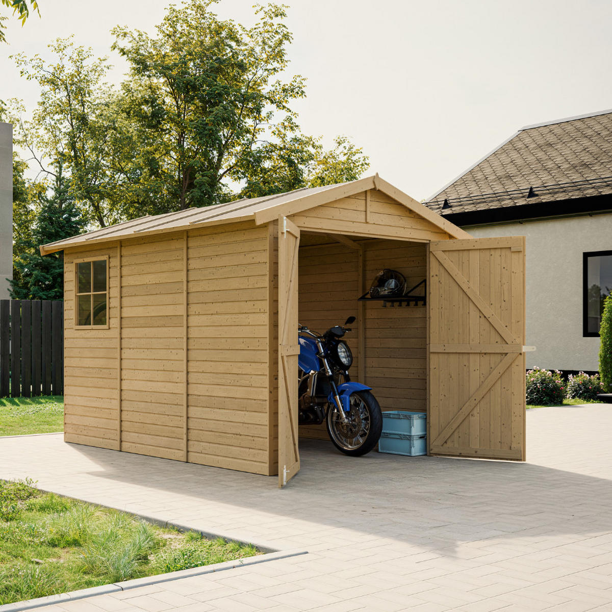 HOLZGARAGE - Abstellraum mit Fenstern- H222x244x320 cm/ 6 m² - TIMBELA M105 - Naturfarben, Holz (205/180/297cm) - Timbela