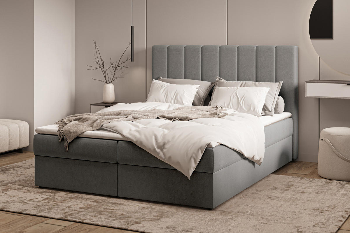 BOXBETT 01 140 x 200 cm - Manila – Stilvoll und bequem Mit Bettkasten, PU-Topper, Federmechanismus, waschbarer Bezug - Graphitfarben, Holz (140/200cm) - ROYAL24_MARKT