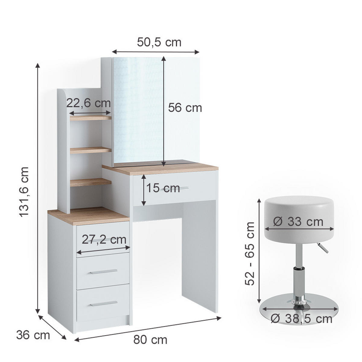 Weiß/Sonoma Eiche, Holzwerkstoff (80/131.6/36cm) - Vicco