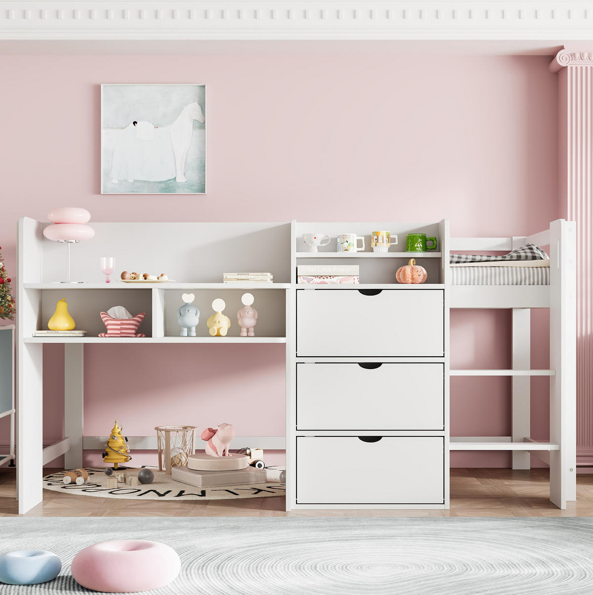 HOCHBETT aus Kiefernholz 90x200 cm in Weiß mit Stauraum & Leiter - Weiß, Holz (90/200cm) - Modfu
