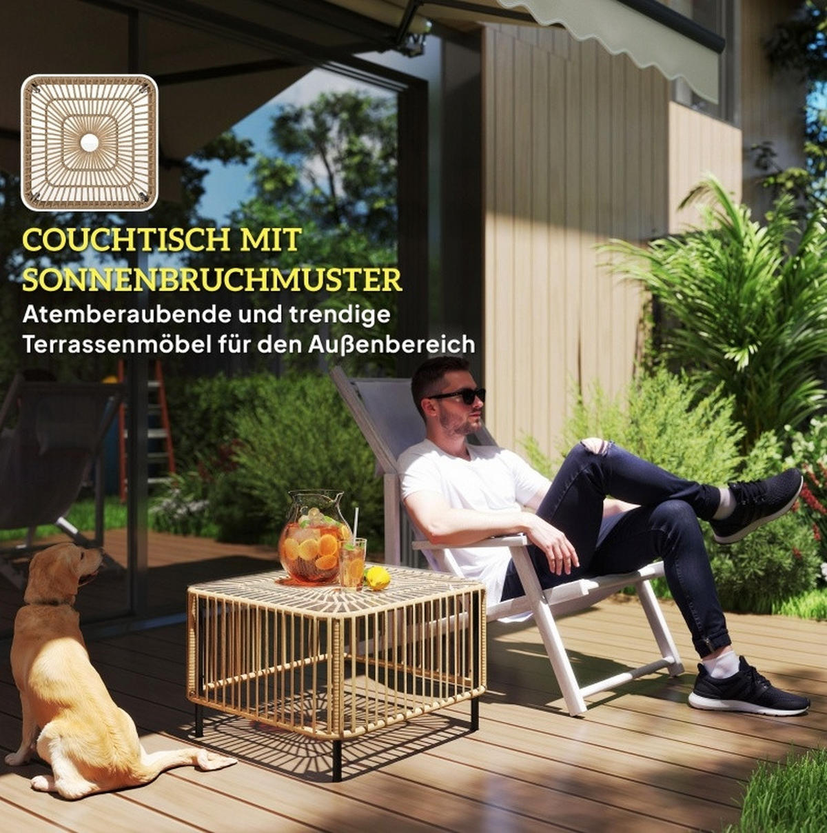 GARTENTISCH aus Rattan 65x65x43 cm Naturfarbe mit Glasplatte - Naturfarben, Glas (65/65/43cm) - Modfu