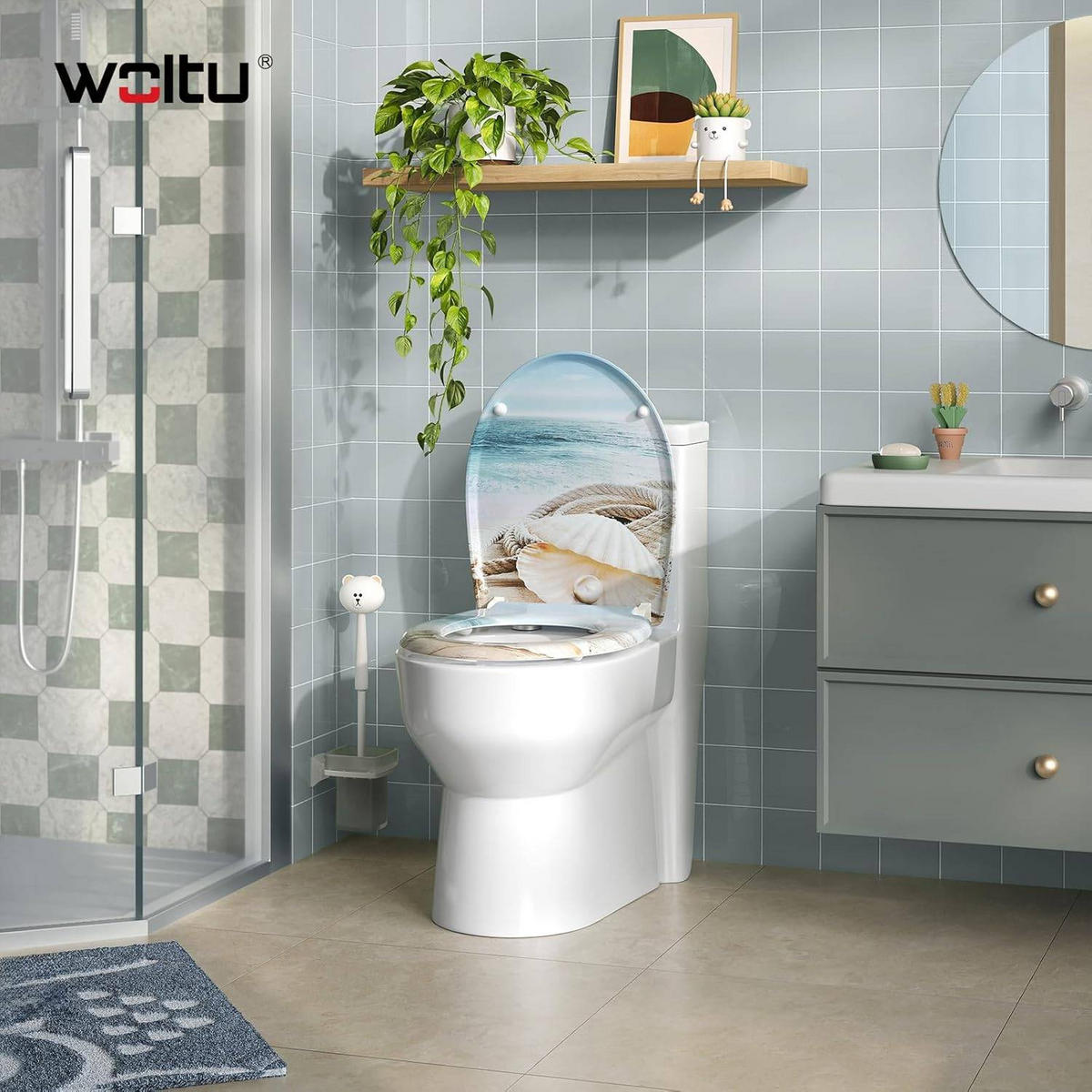 TOILETTENDECKEL mit Absenkautomatik, Duroplast, Weiße Perle - Blau/Weiß, Kunststoff (37/2.5/45cm) - Woltu