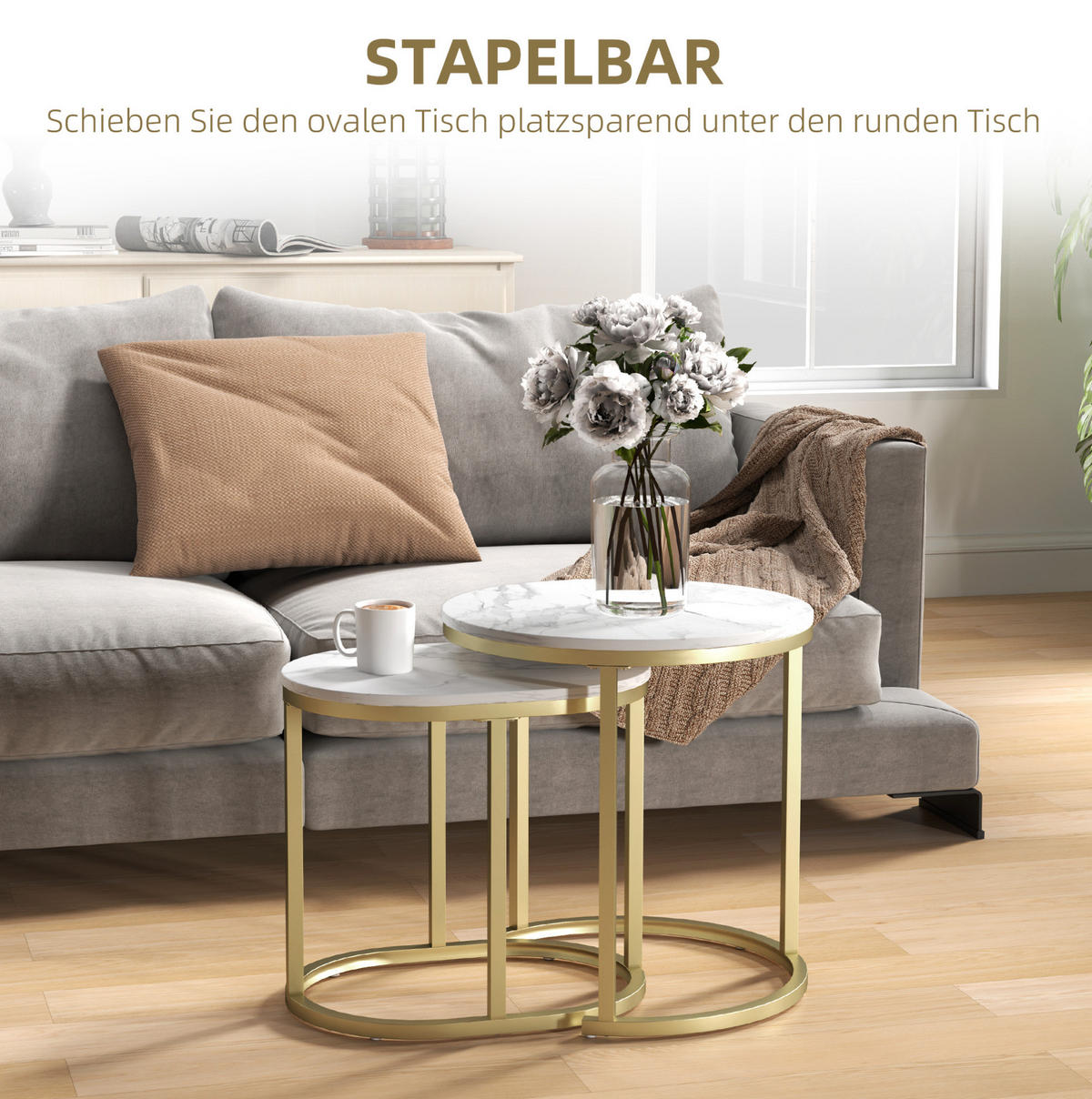 COUCHTISCH Ø50/50.5 cm und 60/36/43.5 cm Weiß aus MDF mit Stahlrahmen, stapelbar - Weiß, Holzwerkstoff (50/50/50.5cm) - OKMYHOME