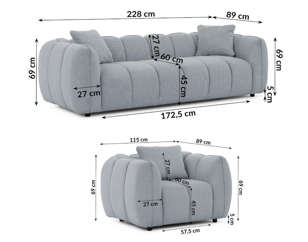 SITZGARNITUR 3+1 Nubira in tief gesteppter Bubble-Optik aus weichem Grau Strukturstoff im modernen Design - Schwarz/Grau, Holz/Kunststoff (228/69/89cm) - S-Style Möbel