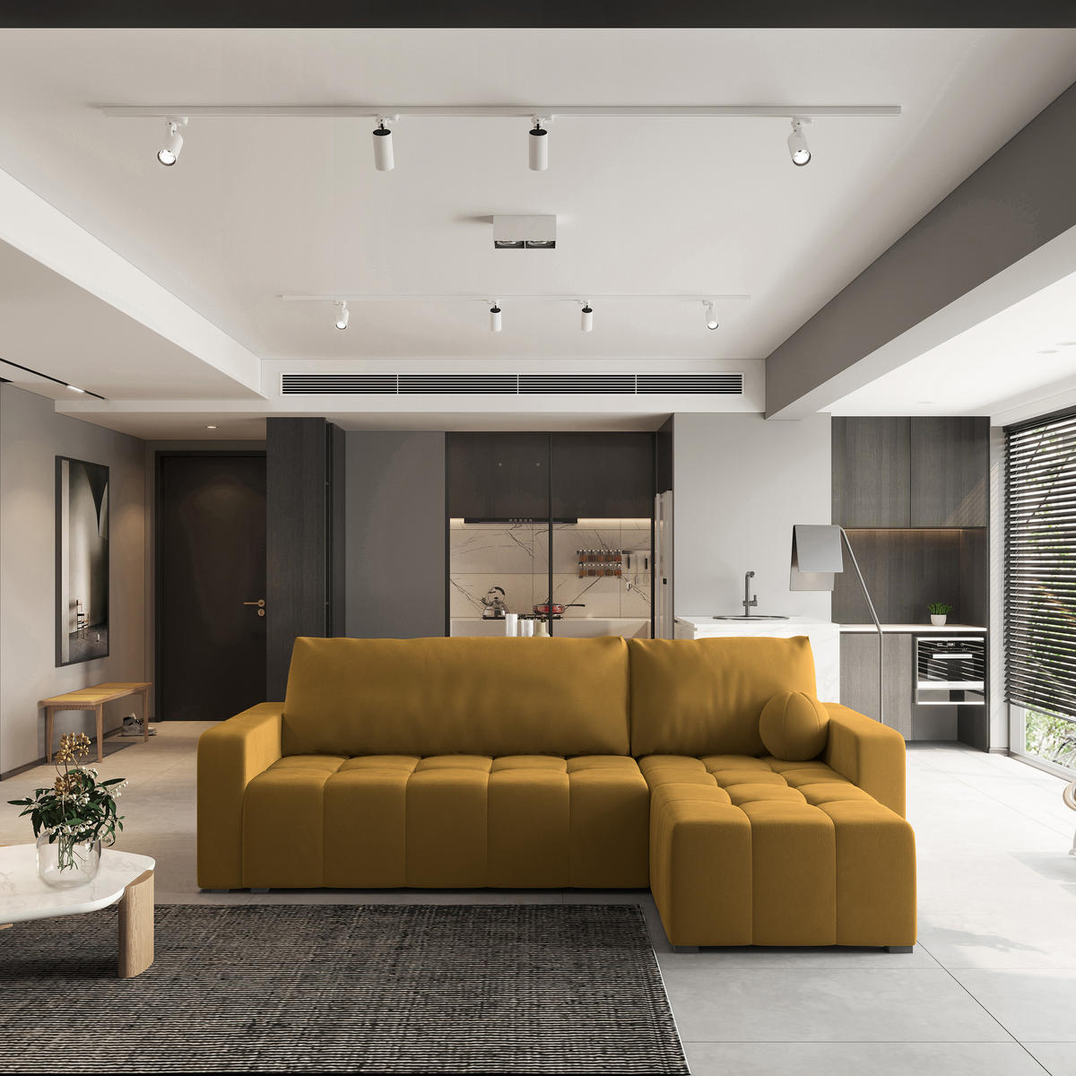 ECKSOFA VOLIRA Gelb Plüsch-Stoff mit Schlaffunktion - Gelb, Holz (230/143cm) - MASSENO