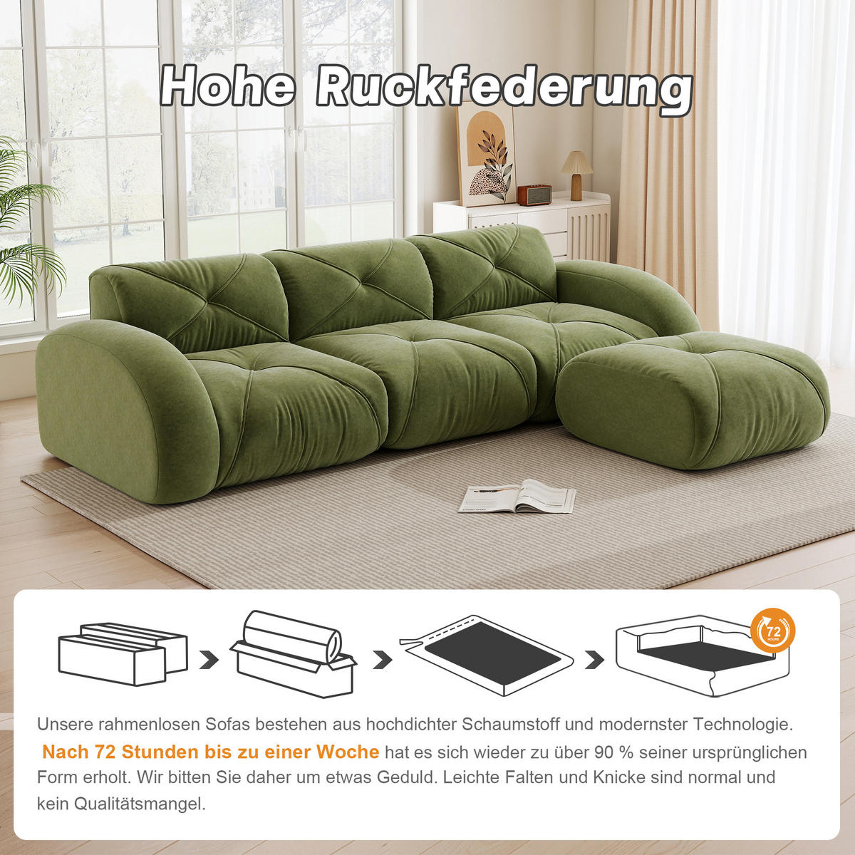 ECKSOFA 281/171/76 cm Grün Chenille mit 1 Fußhocker, rutschfeste Unterseite - Grün, Textil (281/171cm) - Oxeza